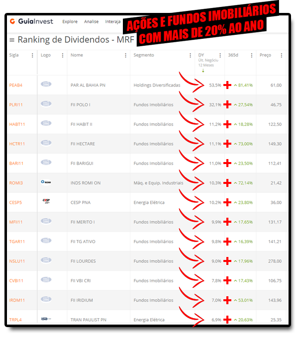Tabela com ações e fundos imobiliários que renderam mais de 20% ao ano.