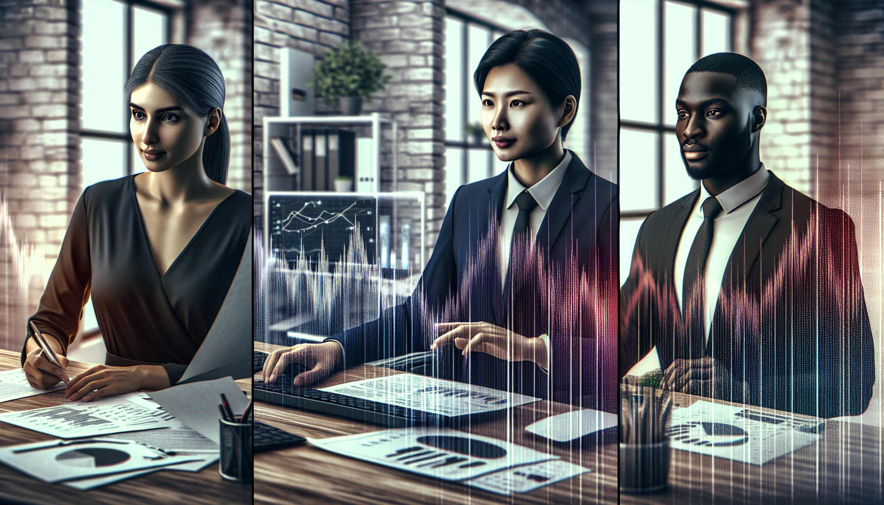Mesa de trabalho com diversos objetos representando diferentes tipos de investimentos: títulos de renda fixa, um gráfico de ações, miniaturas de imóveis e uma tela de computador mostrando um fundo de investimento.