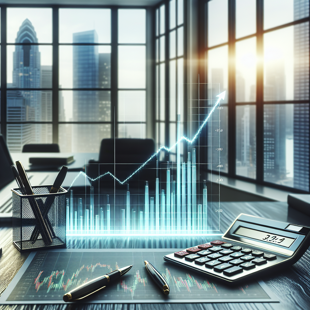 Gráfico de ações em ascensão com calculadora e caneta em um escritório bem iluminado