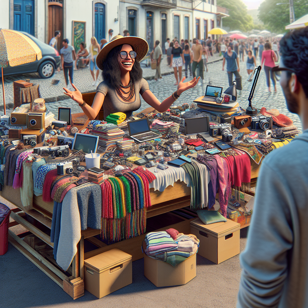 Mesa de vendas em um mercado de pulgas, com roupas, eletrônicos e móveis expostos. Uma mulher brasileira sorridente interagindo com um cliente.