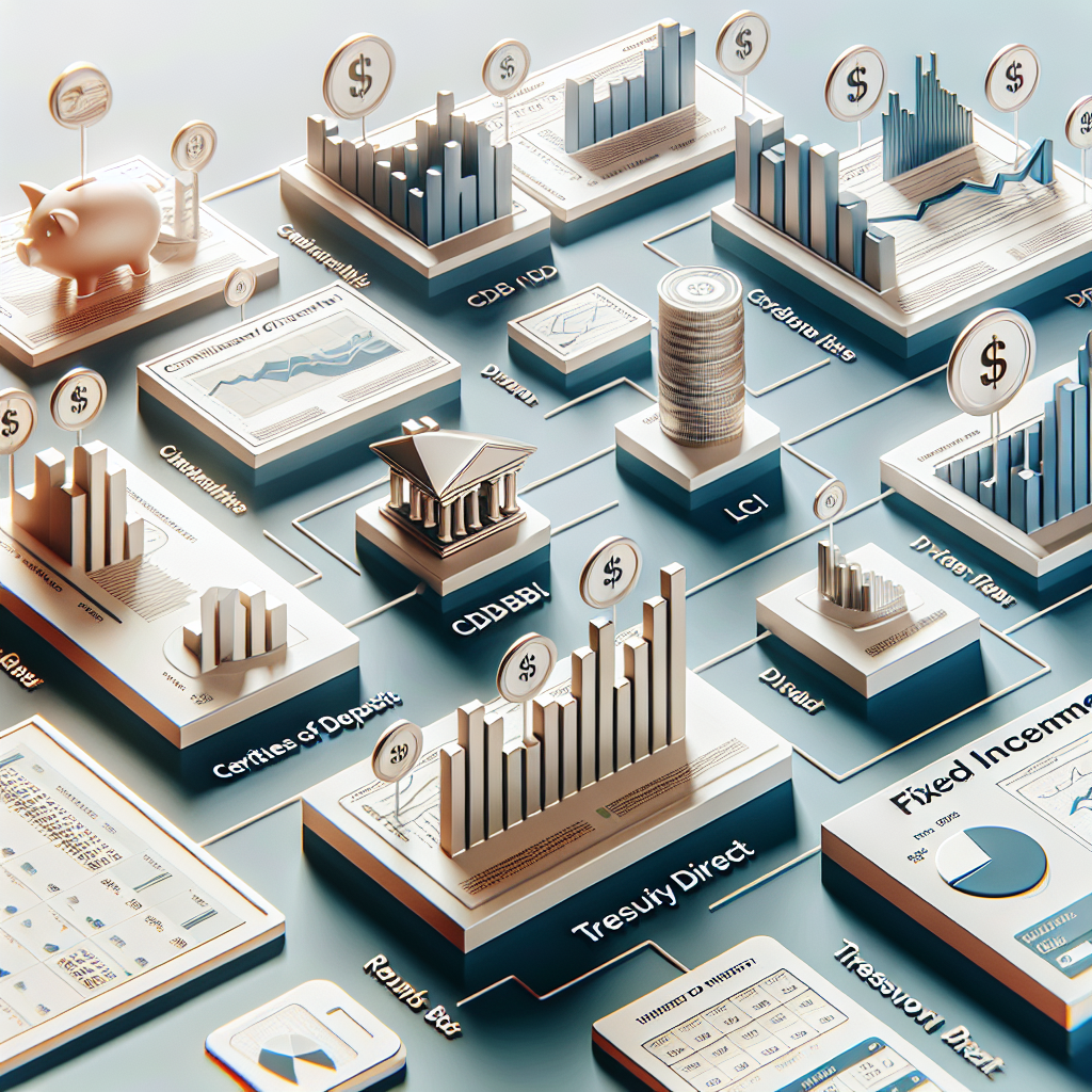 Diferentes tipos de investimentos em renda fixa, como CDBs, Tesouro Direto e LCI