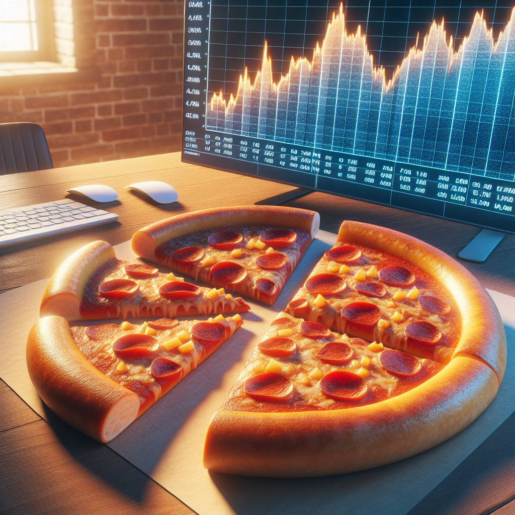 Uma imagem ultra-realista de uma pizza com algumas fatias removidas, simbolizando a ideia de que ações são partes de uma empresa. A pizza deve estar em uma mesa com um ambiente acolhedor e iluminado, e ao fundo, gráficos financeiros em uma tela de computador.