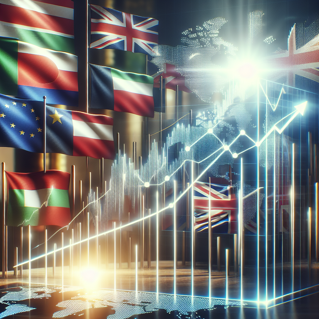 Gráfico de investimentos em ascensão com bandeiras de diferentes países