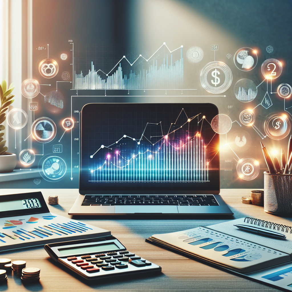 Mesa de trabalho moderna com gráficos coloridos e elementos de investimento