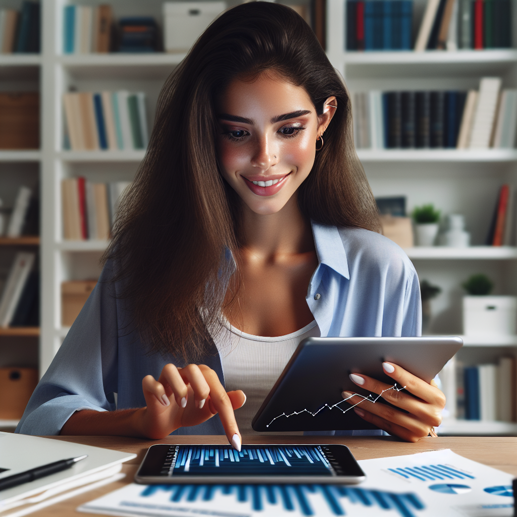 Uma jovem mulher analisando gráficos de investimentos em um tablet