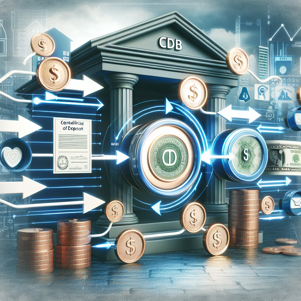 Gráfico ilustrando o funcionamento do CDB, com setas indicando o fluxo de dinheiro e um banco ao fundo.