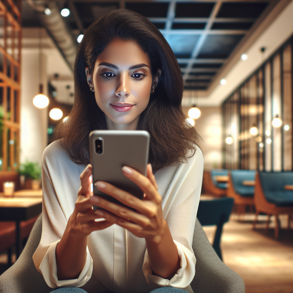 Uma jovem mulher em uma cafeteria analisando gráficos em seu smartphone, com expressões de curiosidade e entusiasmo, em um ambiente moderno e acolhedor.