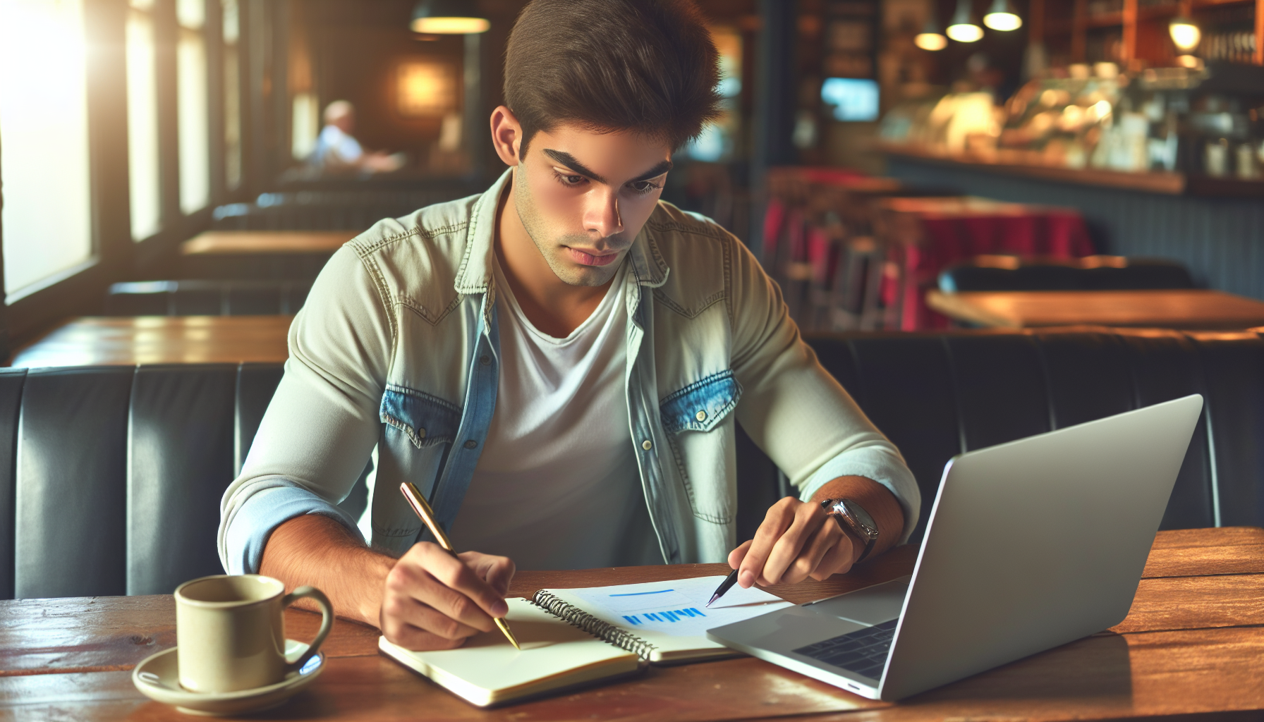 Jovem homem em um café criando um plano de orçamento