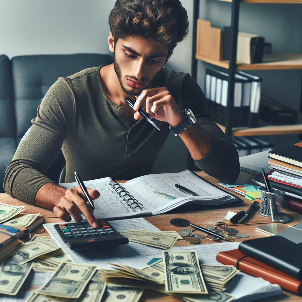 Pessoa jovem organizando suas finanças em uma mesa, com cadernos, canetas e uma calculadora.