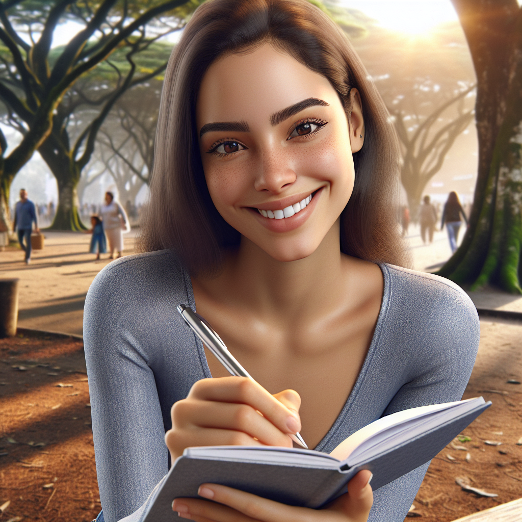 Uma jovem mulher brasileira escrevendo suas metas financeiras em um caderno, com um sorriso no rosto, em um ambiente tranquilo como um parque.