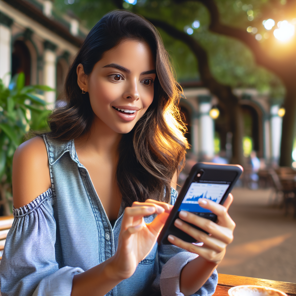 Jovem mulher usando um smartphone para acessar um aplicativo de corretora em um ambiente descontraído, como um parque ou um café, transmitindo entusiasmo e curiosidade.