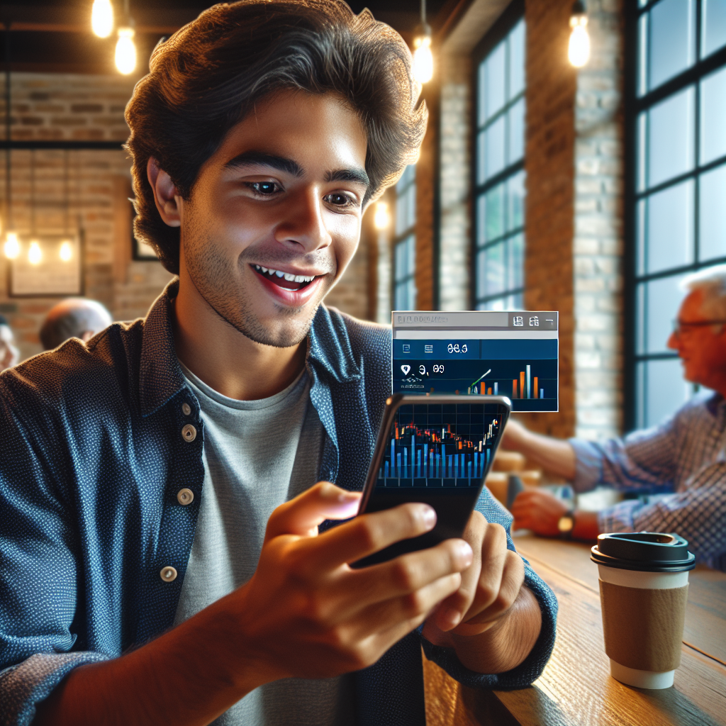 Jovem adulto utilizando um aplicativo de investimentos em um smartphone, em um café moderno.