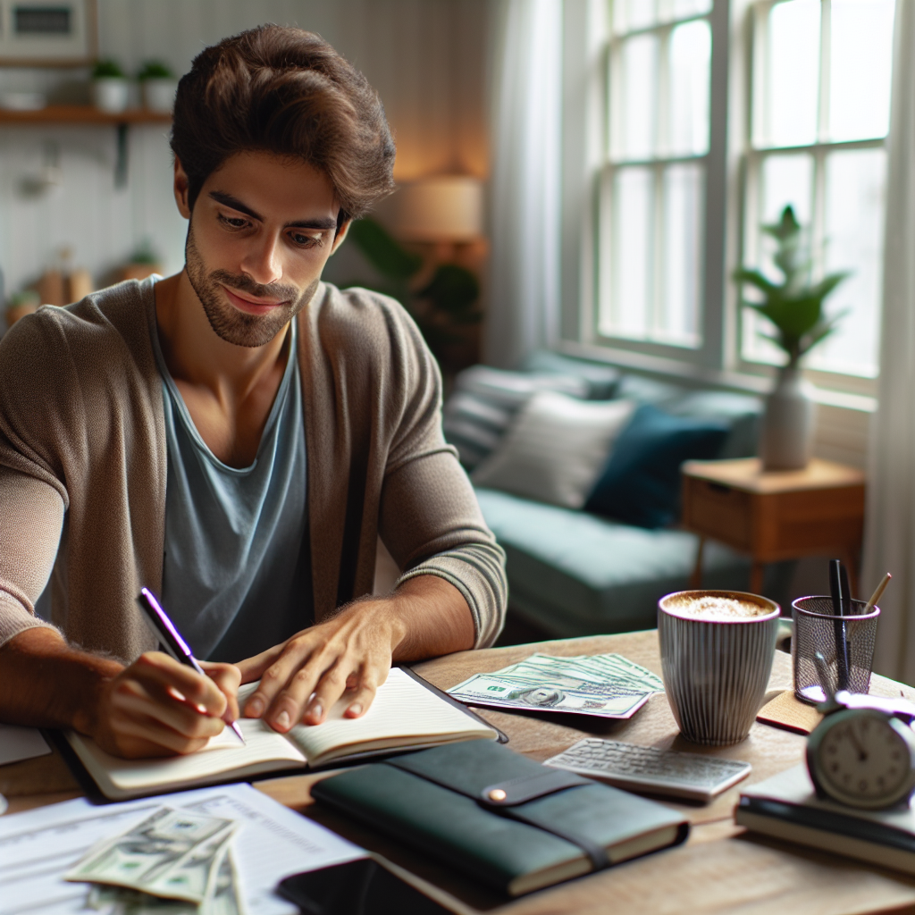 Jovem adulto escrevendo suas metas financeiras em um caderno