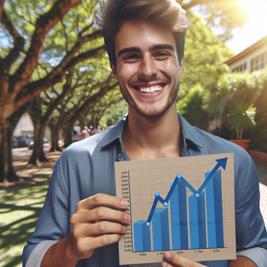 Jovem adulto brasileiro segurando gráfico de crescimento financeiro