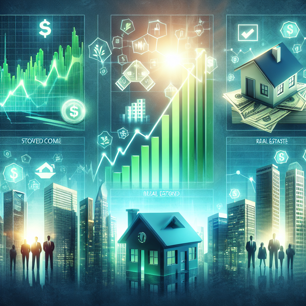 Ícones representando diferentes tipos de investimentos: ações, renda fixa, imóveis e fundos de investimento