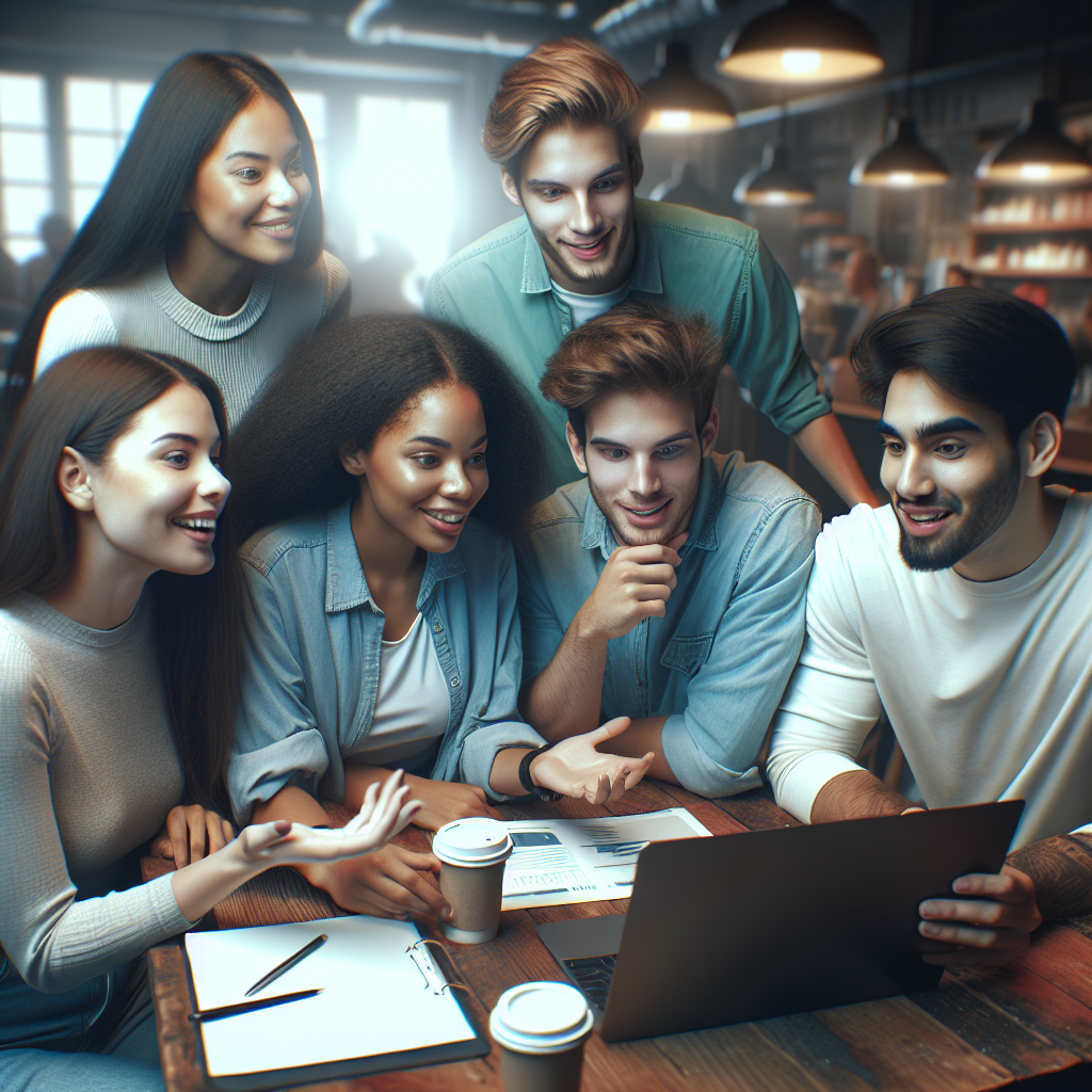 Grupo de jovens adultos em uma cafeteria, discutindo sobre investimentos enquanto olham para um laptop.