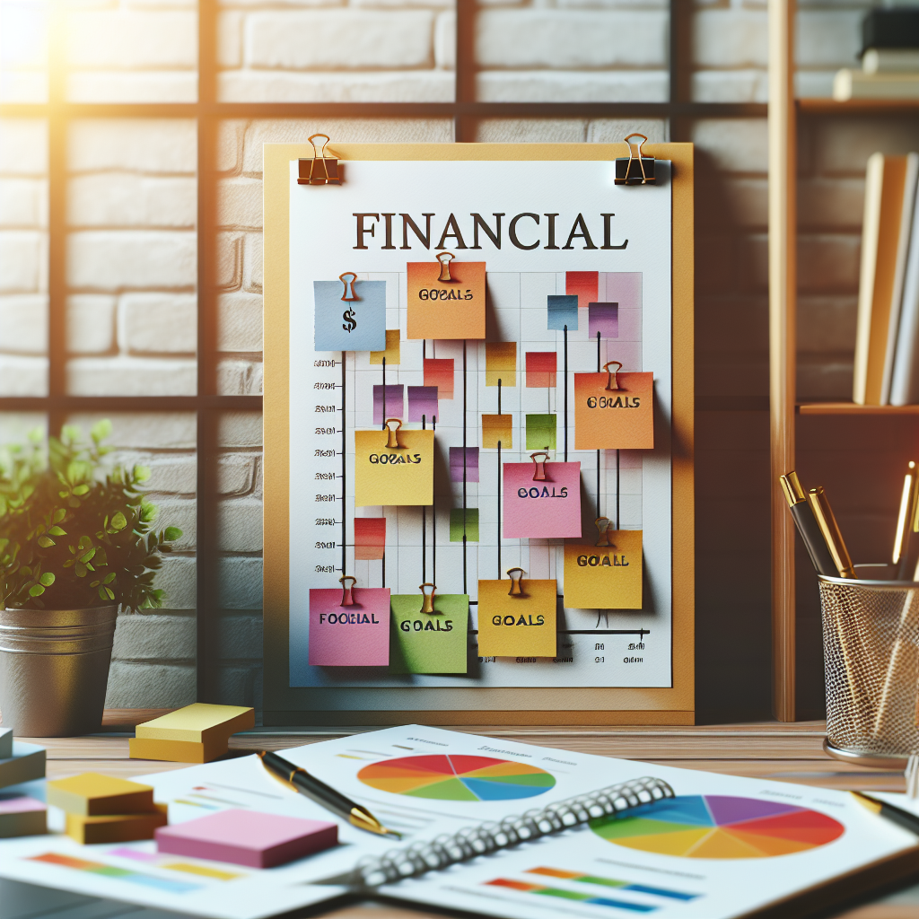 Planner financeiro com post-its coloridos e anotações sobre objetivos financeiros