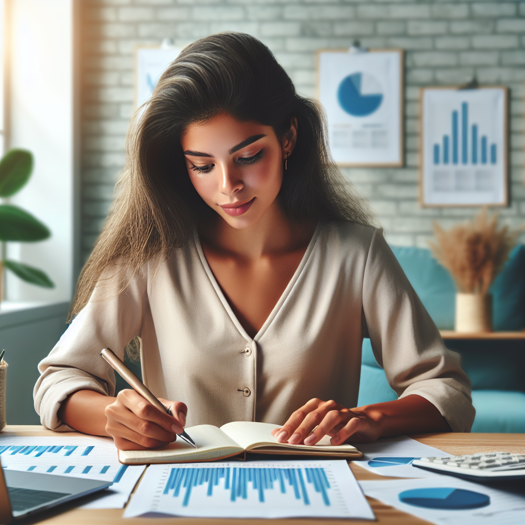 Jovem mulher escrevendo suas metas de investimento em um caderno, com gráficos e dados ao fundo