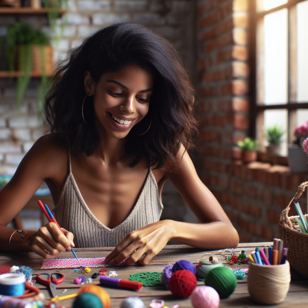 Mulher brasileira criando artesanato em sua mesa de trabalho