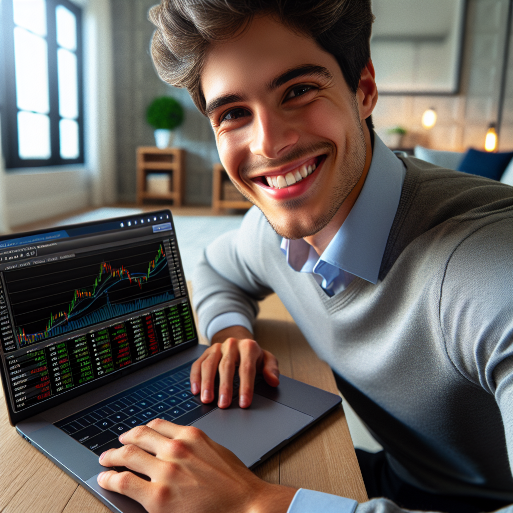 Jovem adulto brasileiro sorrindo ao lado de um laptop, com gráficos de ações e um formulário de conta da corretora na tela, em ambiente de casa iluminado e acolhedor.