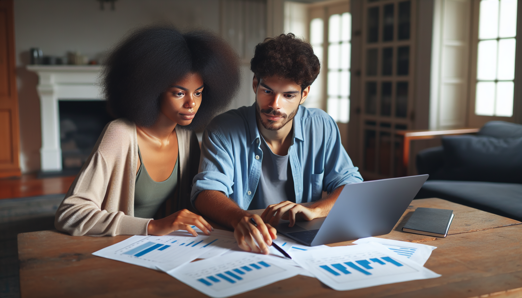 Jovem casal revisando suas finanças em casa, com gráficos e tabelas em um laptop, em um ambiente casual e concentrado.