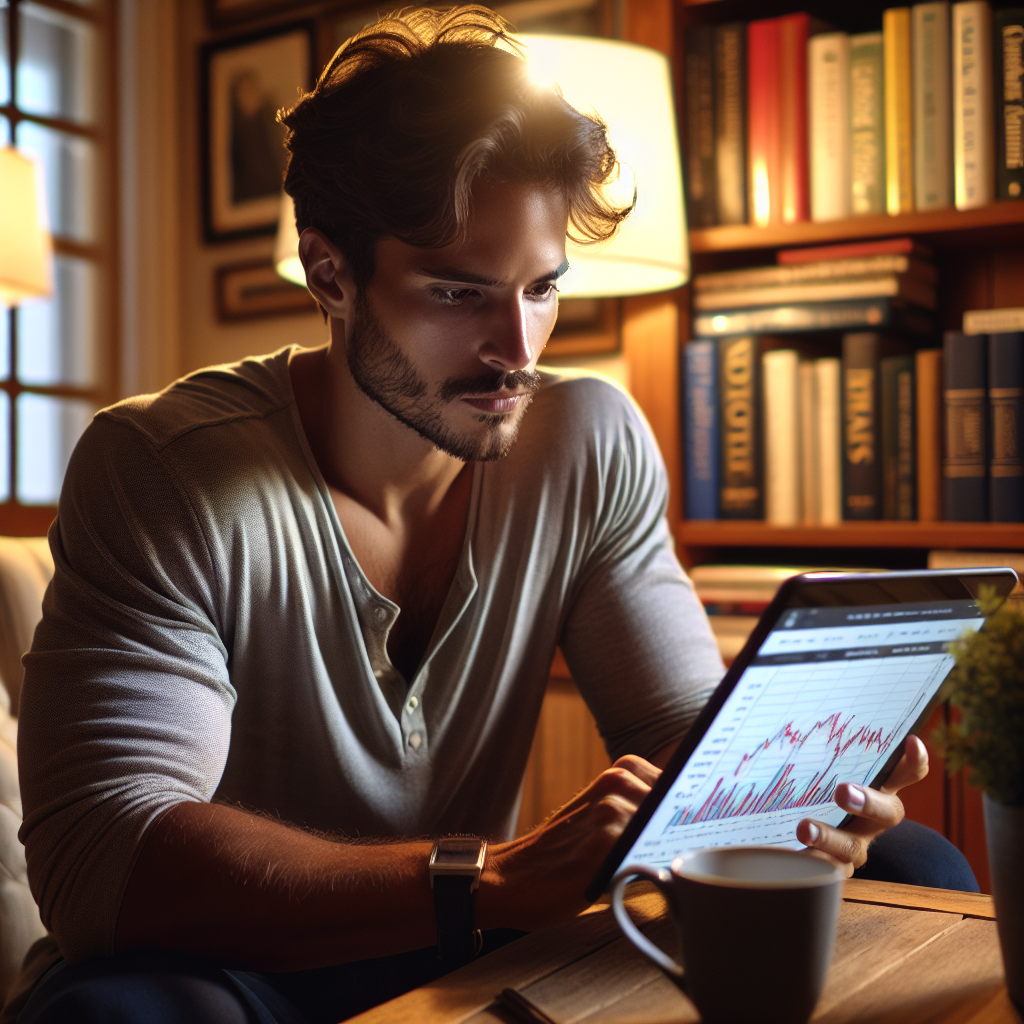 Jovem homem brasileiro analisando gráficos em um tablet