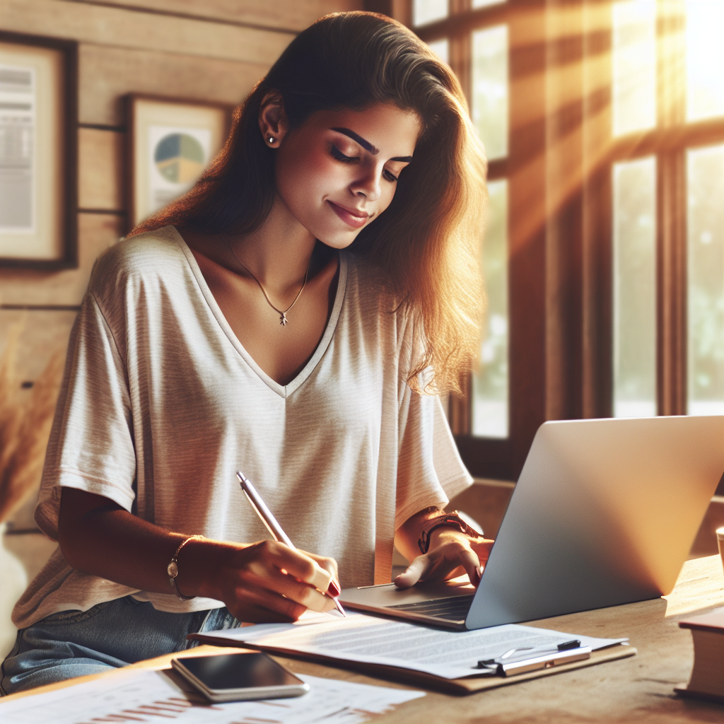 Jovem brasileira preenchendo um formulário em um laptop