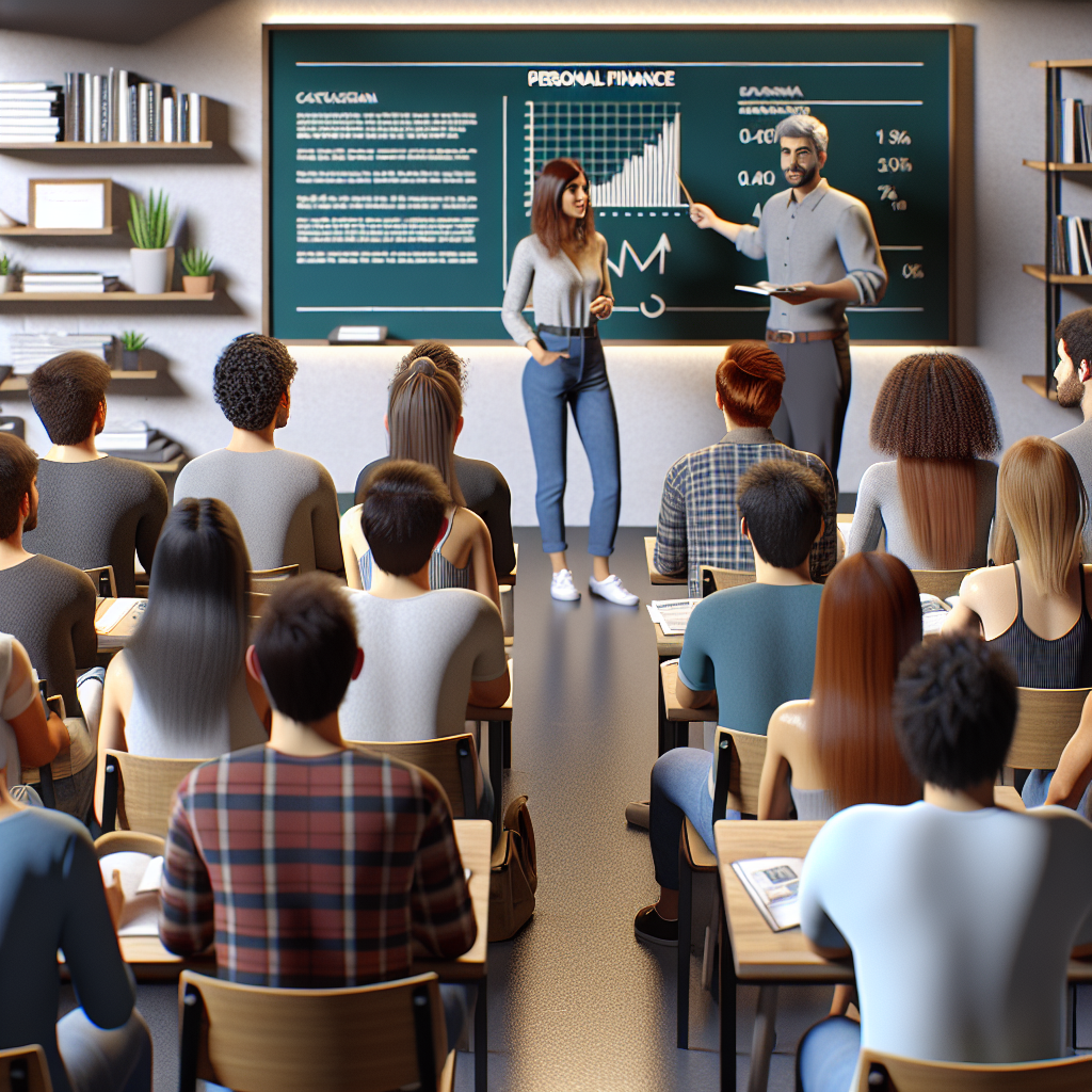 Grupo de jovens adultos brasileiros em uma sala de aula moderna, aprendendo sobre finanças pessoais