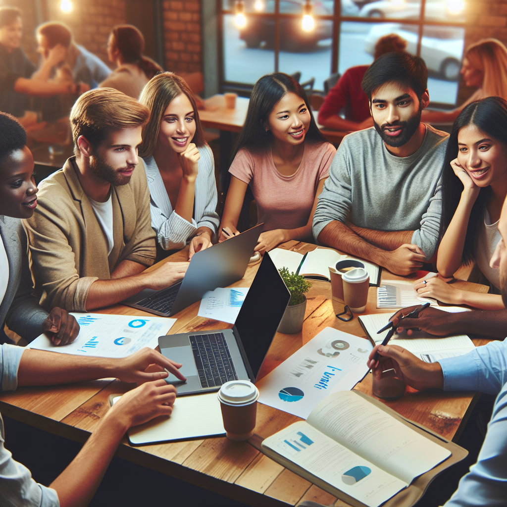 Grupo de jovens discutindo investimentos em um café