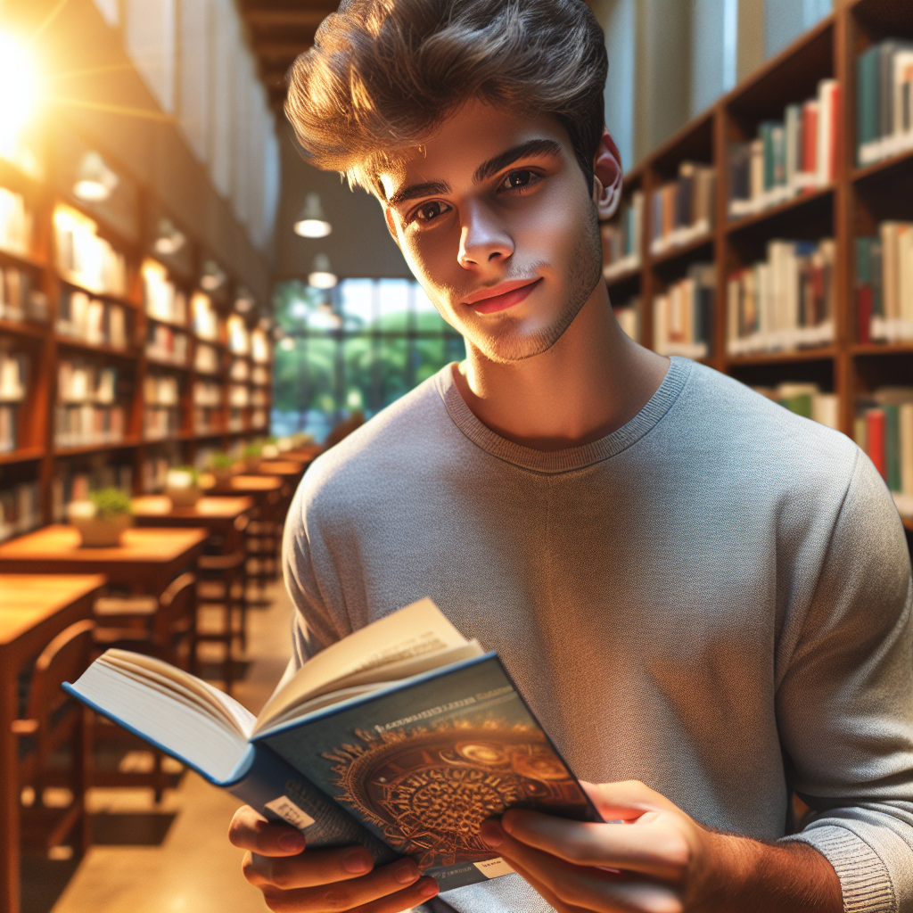 Jovem adulto brasileiro lendo um livro sobre investimentos em um ambiente acolhedor