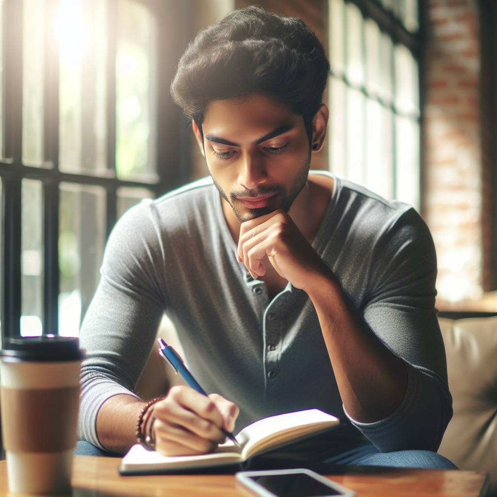 Jovem adulto brasileiro, sentado em um café, escrevendo em um caderno suas metas financeiras.