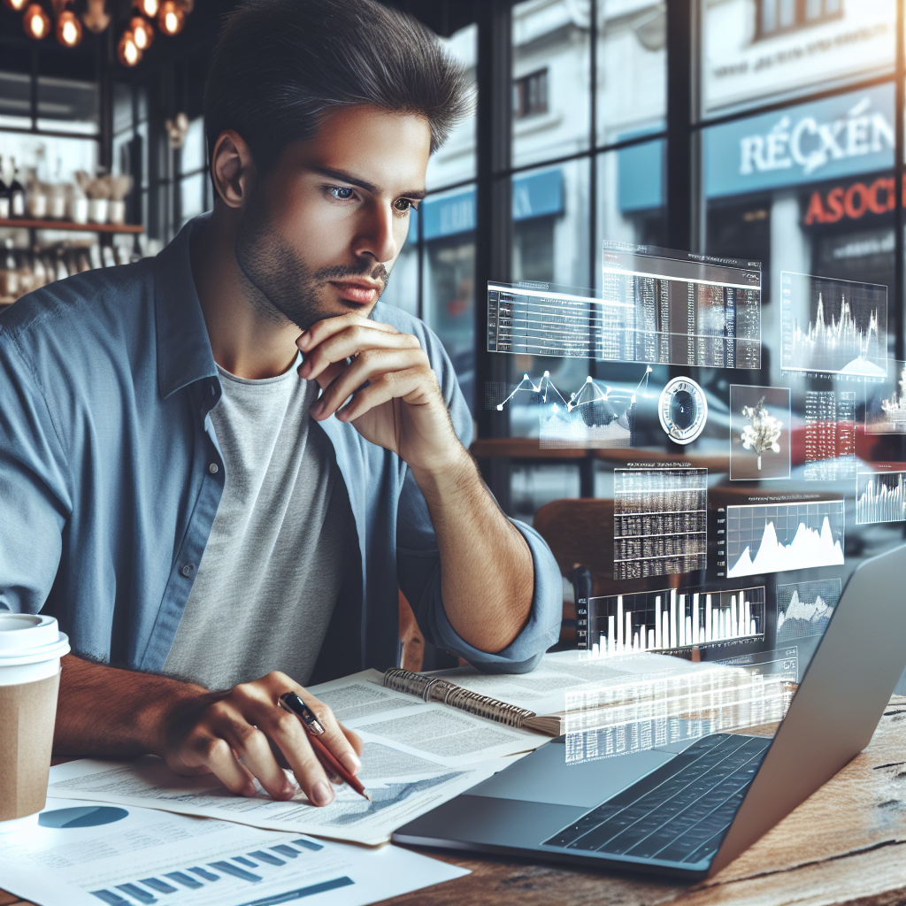 Pessoa brasileira em um café analisando documentos e gráficos de investimentos