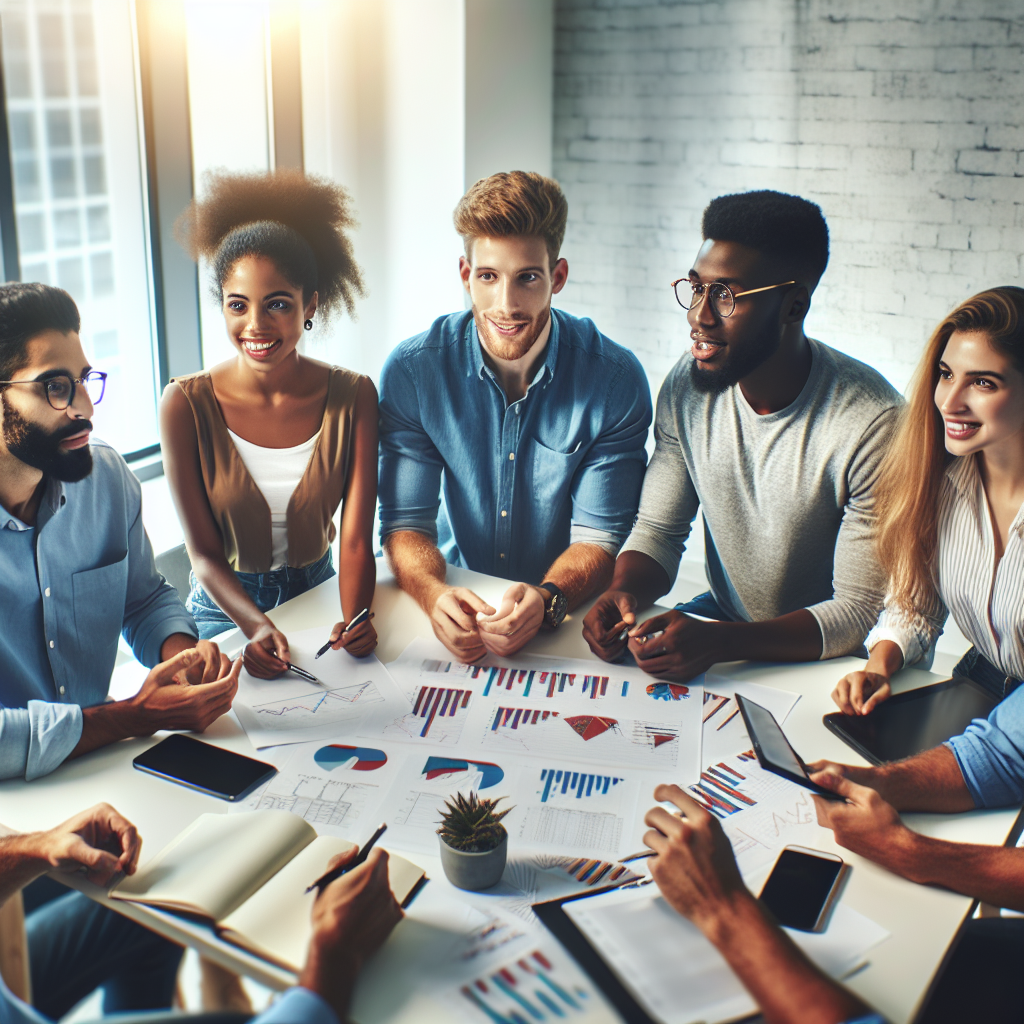 Grupo de jovens brasileiros discutindo estratégias de investimento