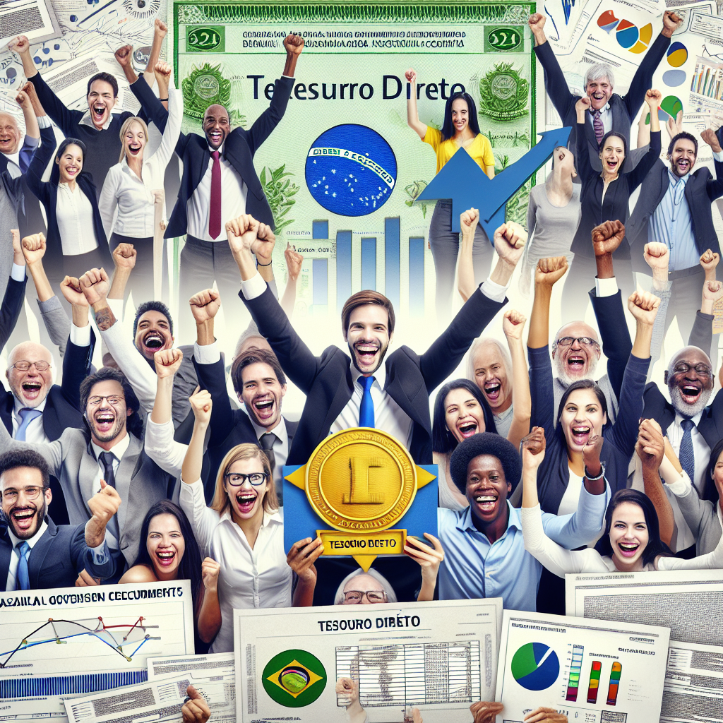 Grupo de pessoas felizes celebrando uma conquista financeira com elementos do Tesouro Direto