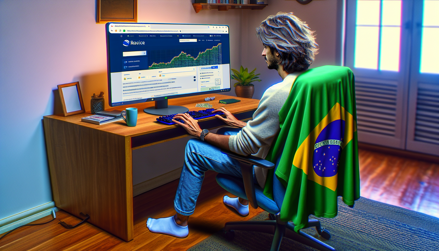 Pessoa brasileira utilizando um computador em casa para abrir uma conta em uma corretora