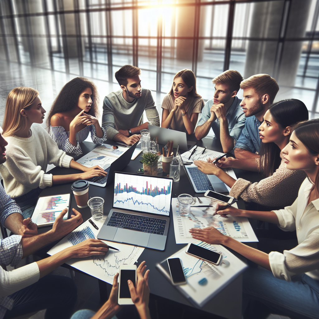 Grupo de jovens discutindo sobre investimentos em ações