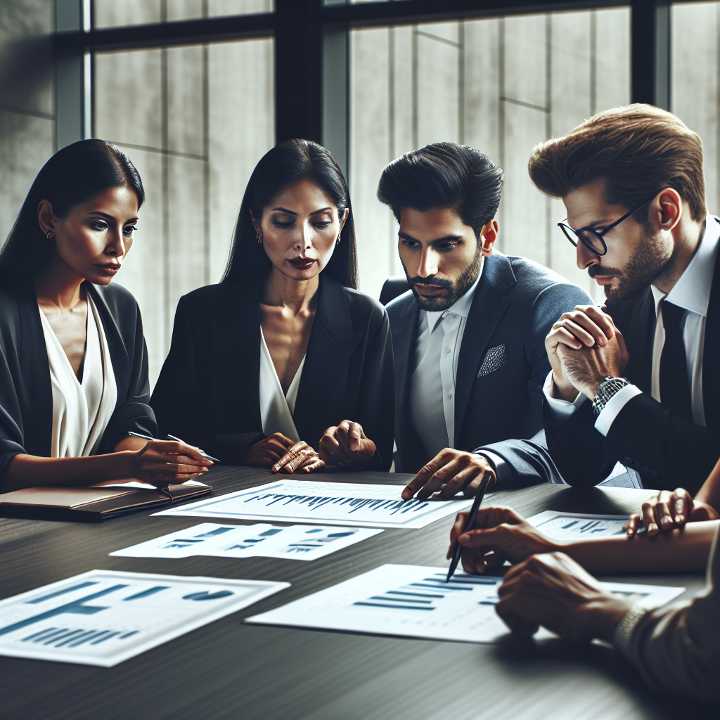 Grupo de investidores em uma mesa de conferência analisando gráficos