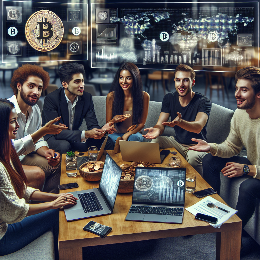 Grupo de jovens adultos brasileiros discutindo sobre investimentos em Bitcoin em uma mesa de café