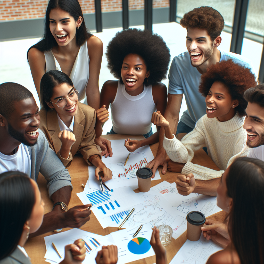 Grupo de jovens adultos brasileiros em uma mesa, discutindo sobre investimentos