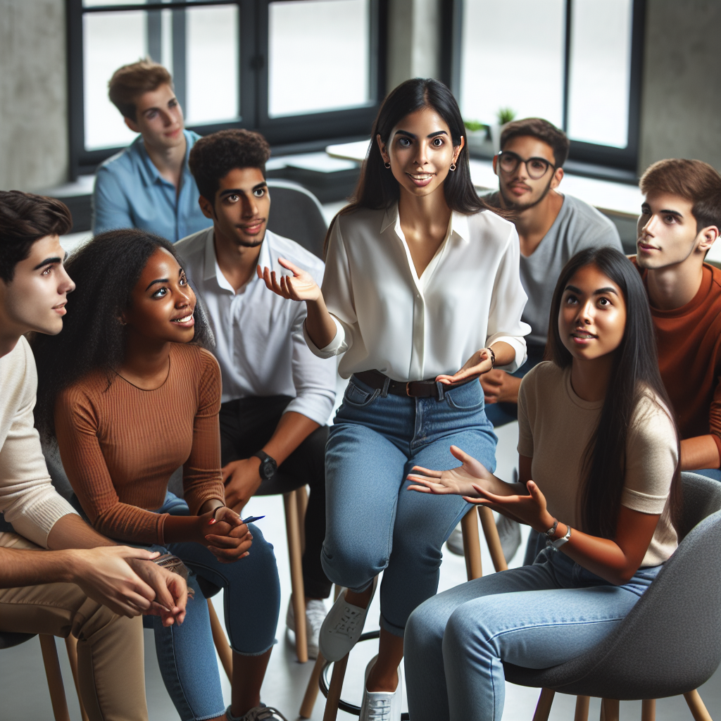 Grupo de jovens adultos brasileiros em uma sessão de aprendizado sobre investimentos