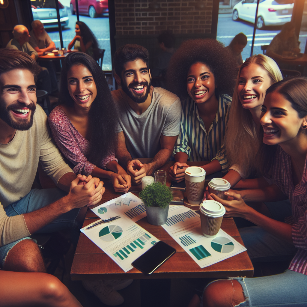 Grupo de jovens adultos brasileiros discutindo sobre investimentos em um café, com expressões de entusiasmo e camaradagem.