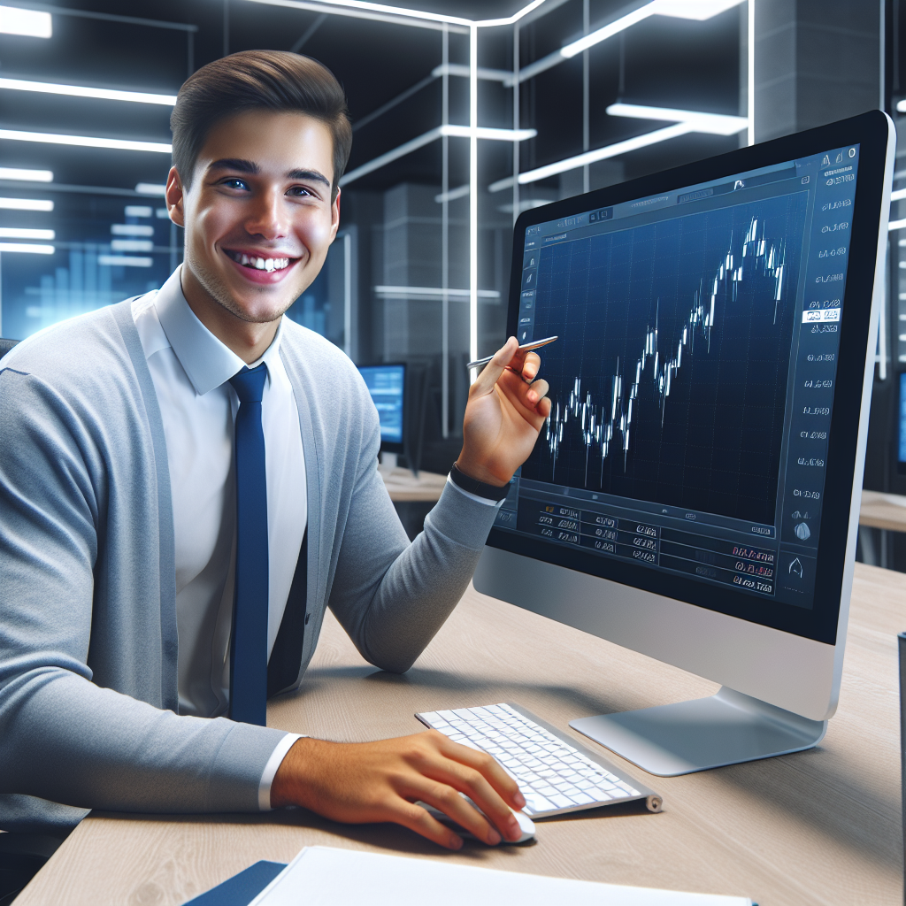 Jovem adulto brasileiro em frente a um computador, visualizando a tela de uma corretora de investimentos.