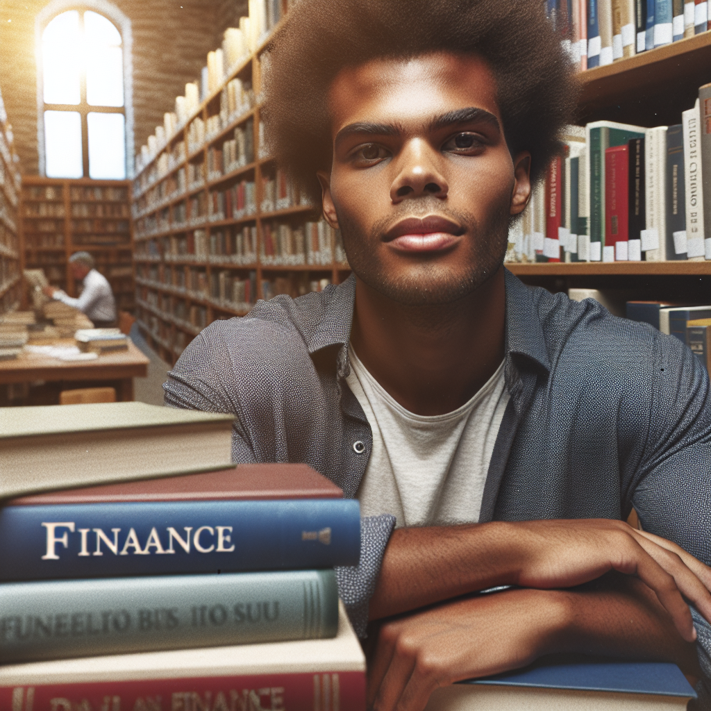 Pessoa em uma biblioteca, cercada por livros sobre finanças, com semblante de determinação e foco. Ambiente acolhedor e inspirador.