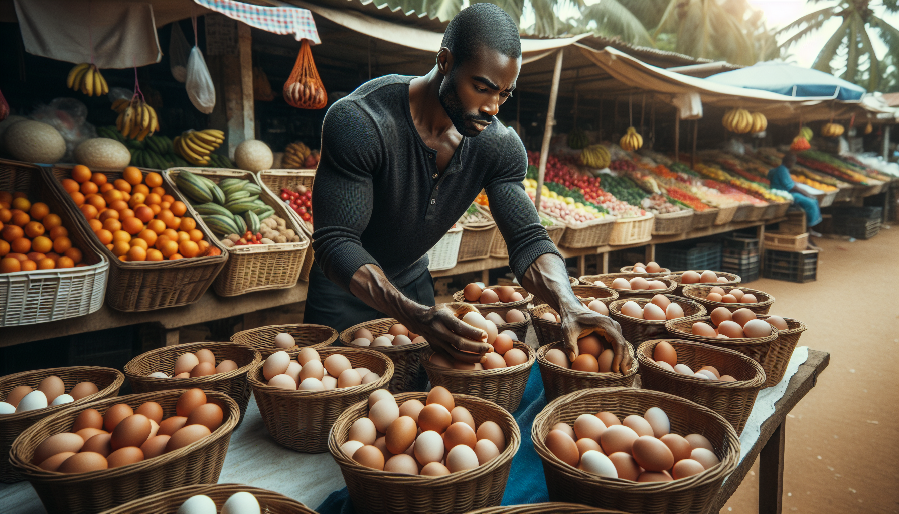 Pessoa colocando ovos em diferentes cestas em um mercado ao ar livre