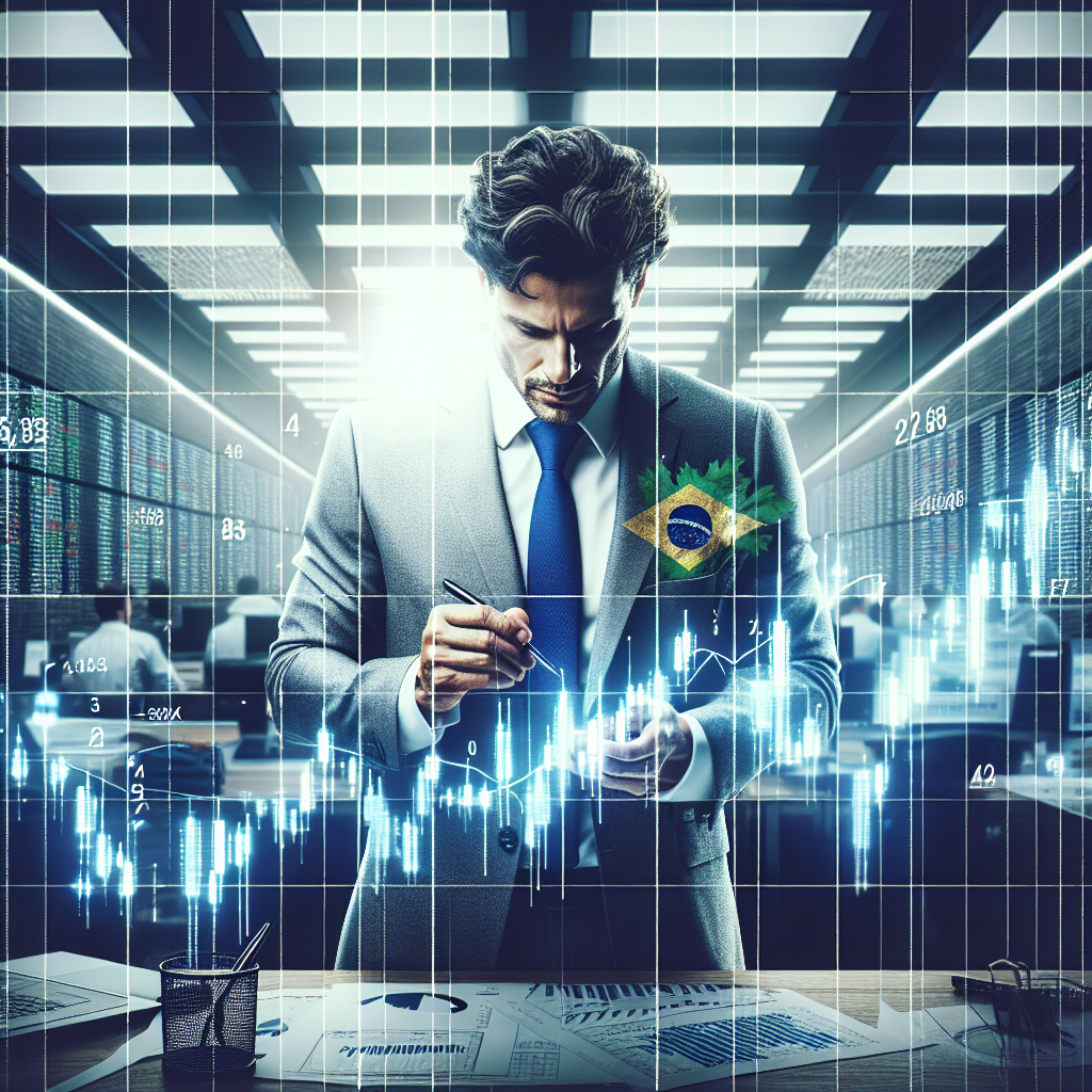 Trader brasileiro em uma sala de negociação, analisando gráficos e tomando notas, com um ar de concentração e determinação.