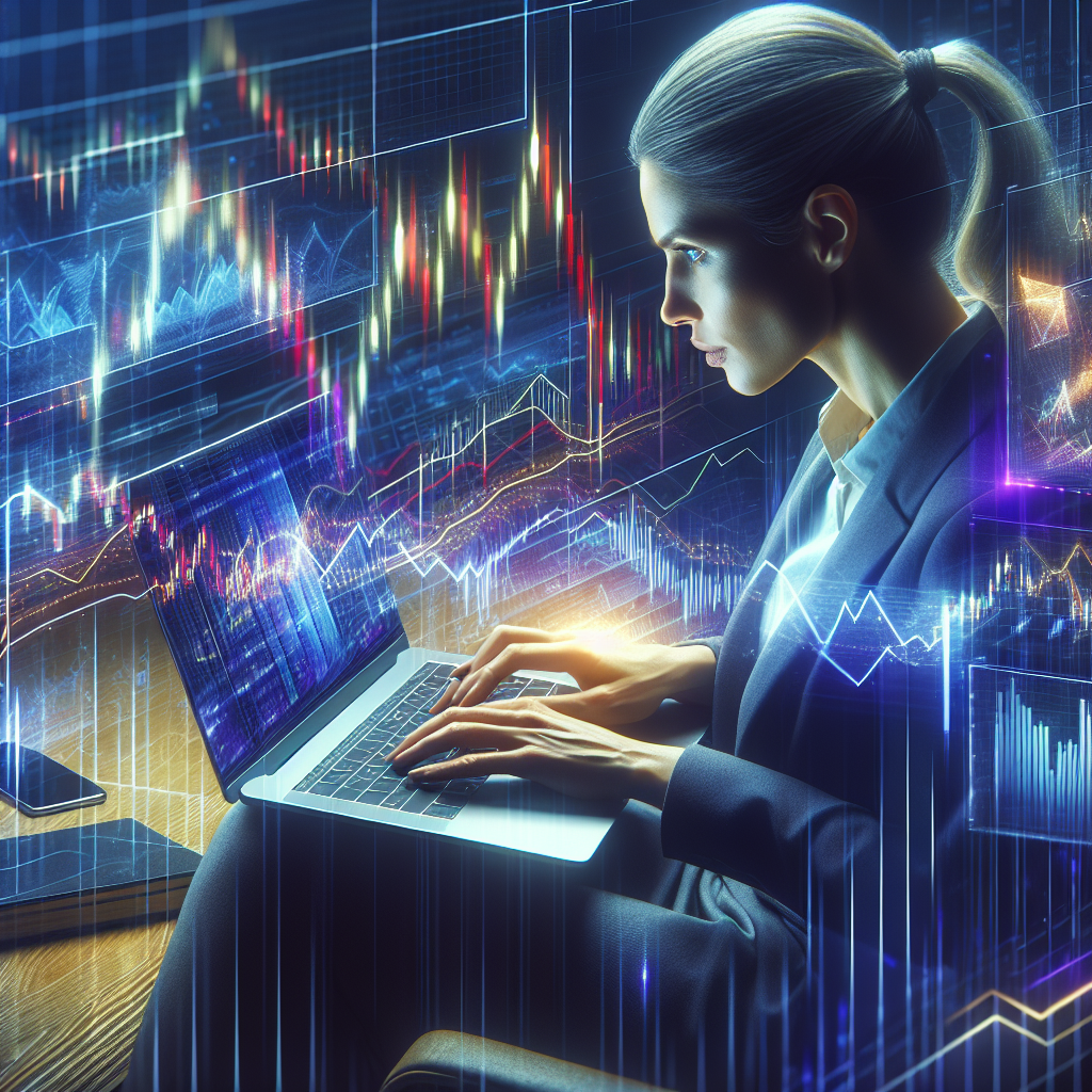 Gráficos de análise técnica e uma pessoa aplicando estratégias de trading em um laptop, com expressão de concentração.