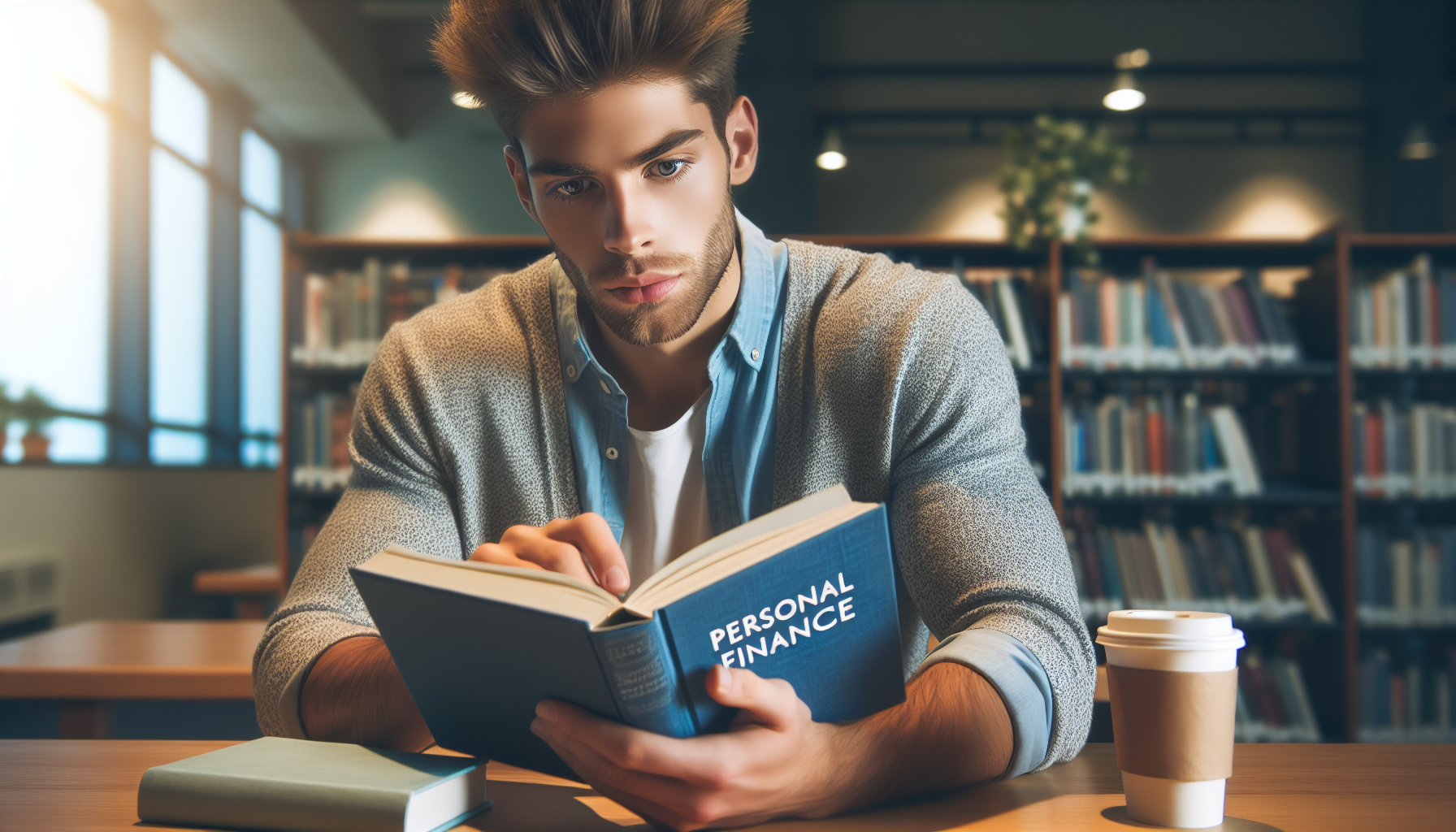 Jovem adulto lendo um livro sobre finanças pessoais em uma biblioteca